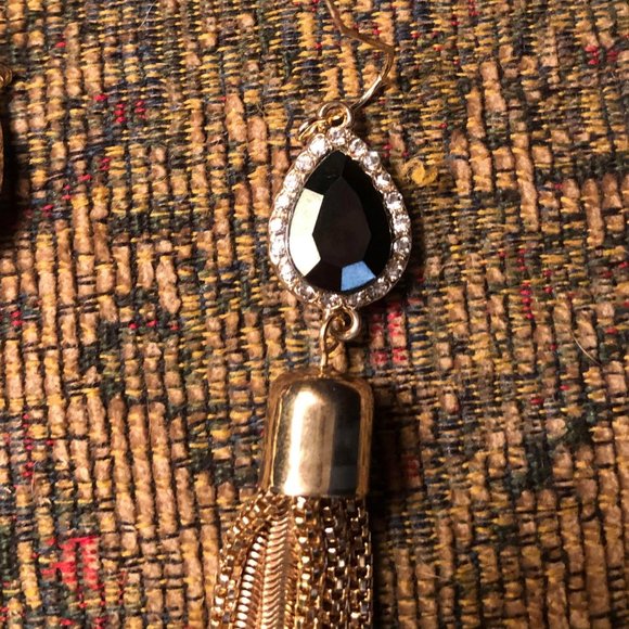 Black Crystal Gold Tone Long Tassel Earrings - Picture 4 of 4